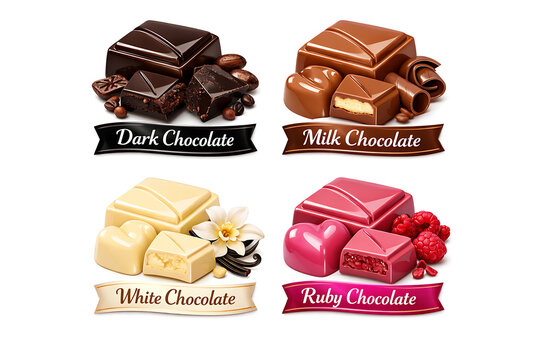 Selection of four types of chocolate with labels including Dark Milk White and Ruby chocolate isolated on white background