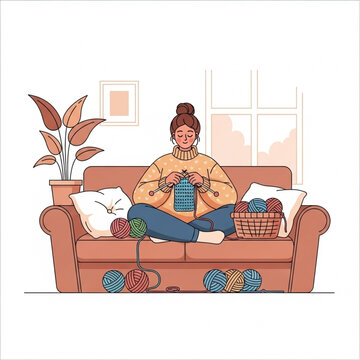 Woman Knitting on Sofa with Yarn.