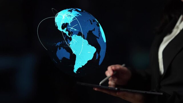 Global network connection visualization showing data exchange, digital link, worldwide communication. Global data flow and digital network infrastructure connecting regions around the world. Thunk