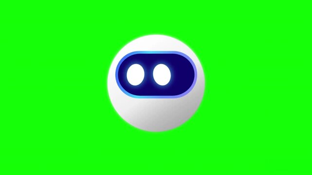 White robot face floats on bright green background. Simple, friendly design with two glowing eyes. Perfect for tech, AI, or futuristic concepts. Clear, bold colors draw attention instantly
