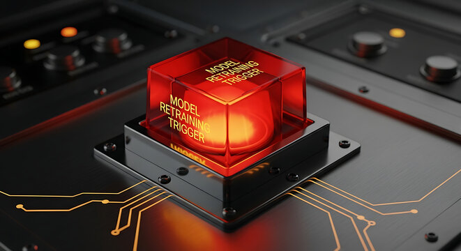A glowing red cube with the words 'model retraining trigger' sits on a black electronic device with gold circuitry.