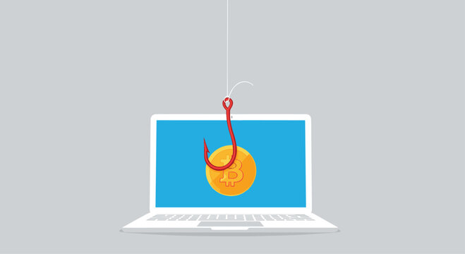 Cybersecurity alert for cryptocurrency phishing scams featuring a Bitcoin coin on a fishing hook above an open laptop screen.