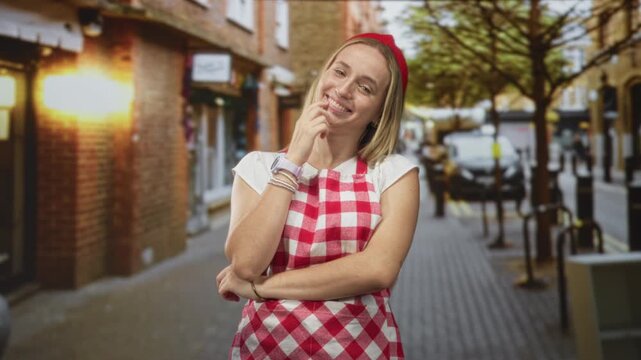 Woman chef in red gingham apron laughing, hand on chin and arm folded, looking upward on a narrow urban street lined with shops and trees; joy.