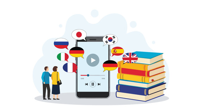 Language learning mobile application concept featuring various world flags in speech bubbles, a smartphone screen, and a stack of books.