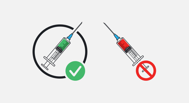 Medical syringes comparison with green check for safe vaccination and red cross for dangerous substance symbolizes health safety standards.