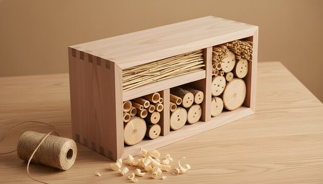 Wooden insect house construction on a workbench for a bee hotel making project representing a biodiversity and garden conservation concept in a clean studio setting