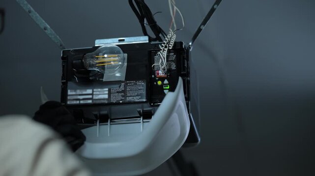 ServiceMan repairing garage door opener. Technician connecting wires on ceiling mounted motor in residential garage. Close up