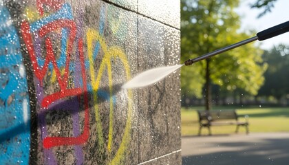 Fototapeta na wymiar High-pressure water spray for graffiti removal in park setting on a stone wall for an urban maintenance and restoration concept under bright summer sunlight