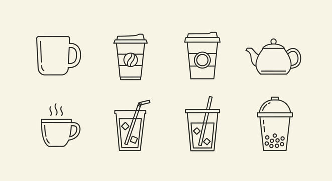A collection of minimalist line art icons depicting various hot and cold beverages, including coffee, tea, iced drinks, and bubble tea, on a light background.