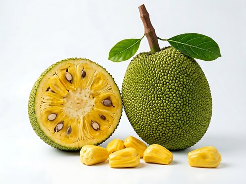 Fresh green jackfruit with leaves and seeds on white background  tropical fruit  healthy eating  nutrition  exotic produce