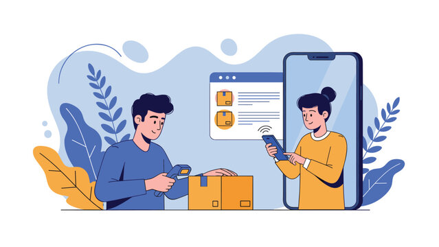 Man scanning a package with a barcode reader while a woman appears on a large smartphone screen in a modern online shopping and delivery concept.