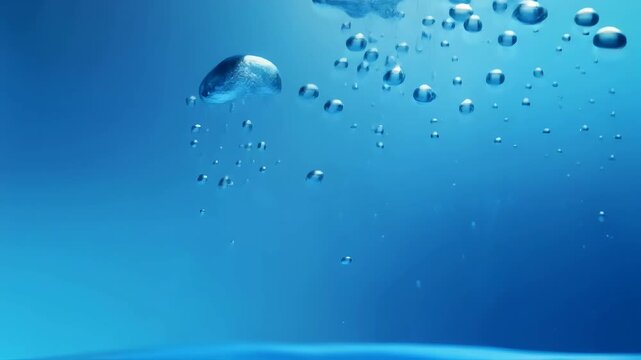 Unique organic liquid shapes and rising bubbles in blue dielectric cooling fluid, abstract tech background