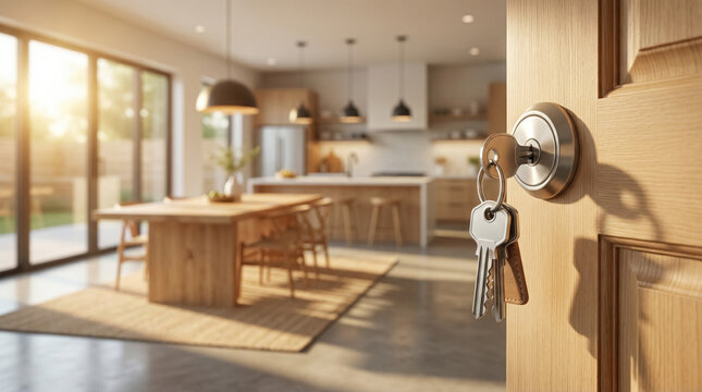 House keys in open door lock with modern kitchen interior, new home ownership and real estate concept. 