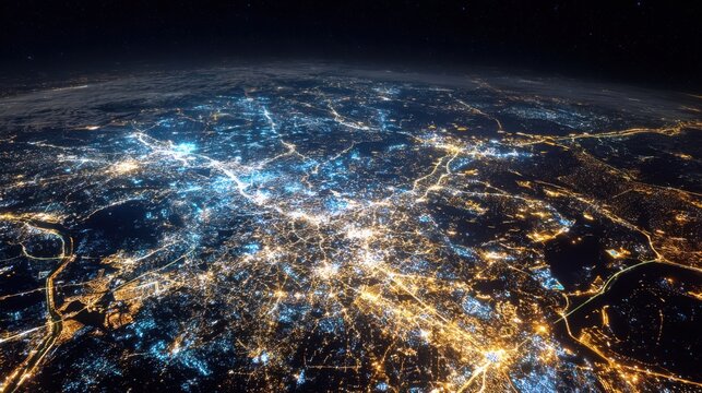 View of illuminated megacity at night from space, glowing street networks and urban clusters, deep dark background, high contrast lights, ultra