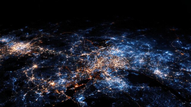 View of illuminated megacity at night from space, glowing street networks and urban clusters, deep dark background, high contrast lights, ultra