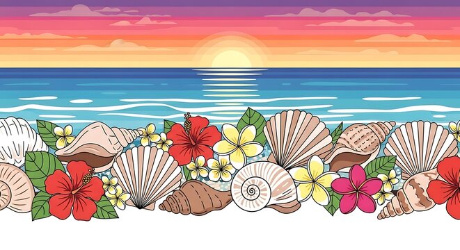 Beach border with shells and flowers at sunset