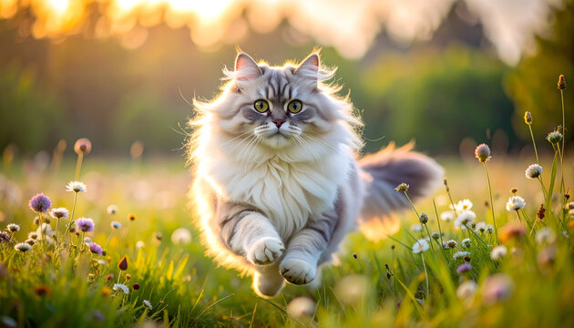 Ragamuffin cat bouncing through a meadow with long rabbit soft cream and grey fur under hazy afternoon sunlight with wildflowers generative AI