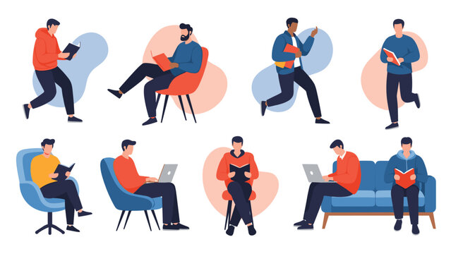 Set of eight casual men in different poses reading books or working on laptops, showing modern lifestyle activities.