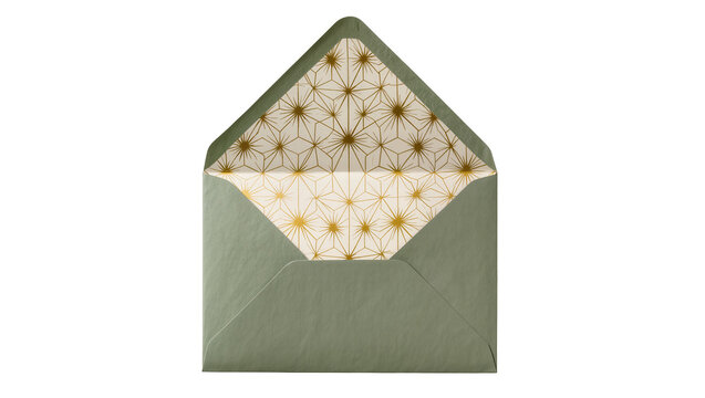 Open sage green envelope with elegant gold geometric pattern lining, isolated on transparent background, perfect for invitations and greeting cards PNG