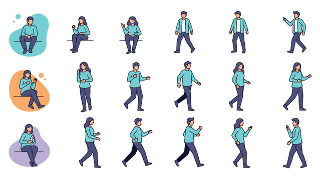 Comprehensive character animation sheet featuring male and female figures in multiple standing, walking, and sitting poses.