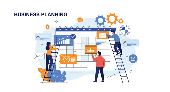 Team of small people working together on a giant monthly calendar to plan tasks and deadlines for an effective business strategy.