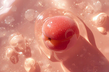 Fototapeta premium Fresh Apricot Fruit Submerged in Luxurious Pink Skincare Serum or Cosmetic Gel Texture with Bubbles