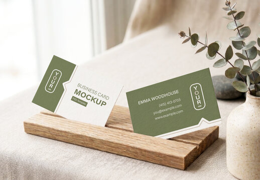 Minimalist Business Card Mockup on Oak Wood Stand - Organic Lifestyle