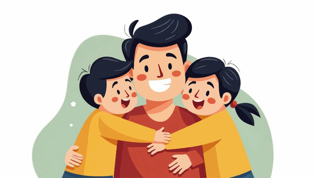 Happy family, smiling father and kids, cartoon illustration, vector graphics