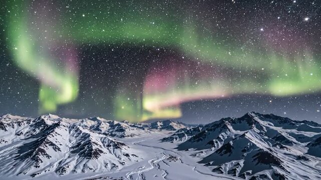 Aurora Australis Paints the Winter Sky Over Snowy Mountains
