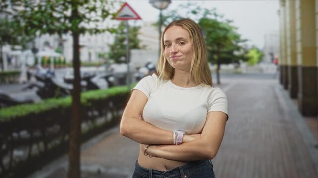Woman with arms crossed showing bare midriff and wristwatch, smirking on street; confidence casual attitude.