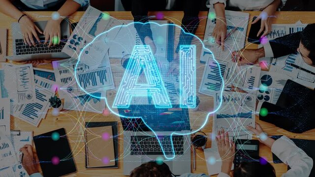 Collaborative Business Meeting Focused on Artificial Intelligence Technology Development and Data Analysis in a Modern Workspace Setting Sigmoid