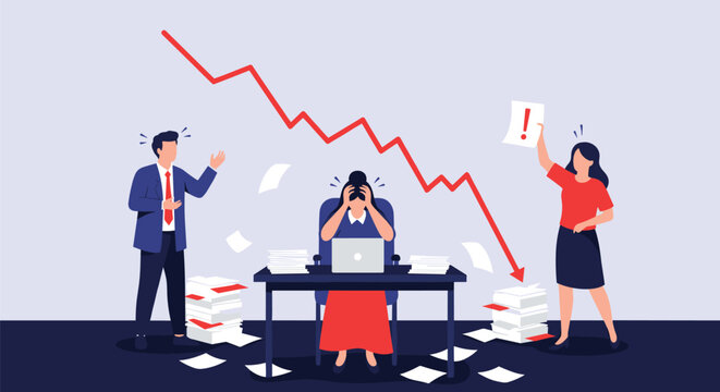 Business team expressing frustration and despair as a red arrow shows a significant drop in market value on their charts.