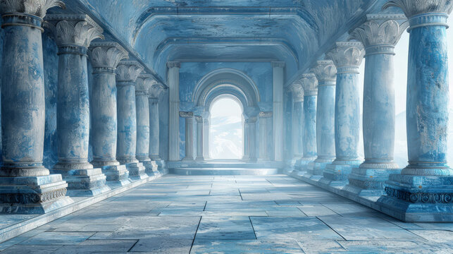 White blue background with amphorae and pillars. Ancient Greece empire textured wallpaper. Copy space