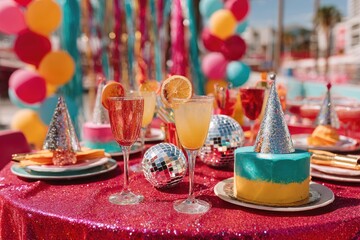 Naklejka premium Colorful Outdoor Birthday Party with Drinks, Cake, and Vibrant Decorations