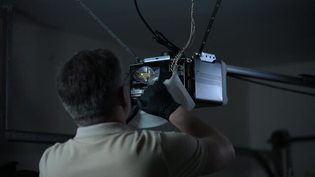 ServiceMan repairing garage door opener. Technician connecting wires on ceiling mounted motor in residential garage.