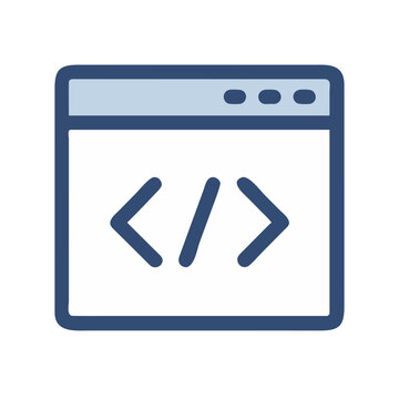 Flat icon of a code window with HTML tags on a black background