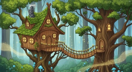 Fototapeta premium Whimsical Pixel Art Treehouse Village Nestled Among Lush Green Trees in a Magical Forest Setting with Glowing Lights