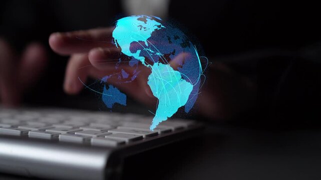 Global network connection visualization showing data exchange, digital link, worldwide communication. Global data flow and digital network infrastructure connecting regions around the world. Thunk