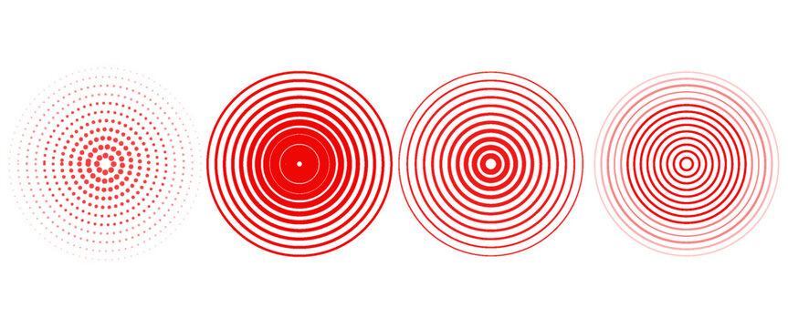 Red concentric ripple circles set. Sonar or sound wave rings collection. Epicentre, target, radar icon concept. Radial signal or vibration elements. Halftone vector illustration