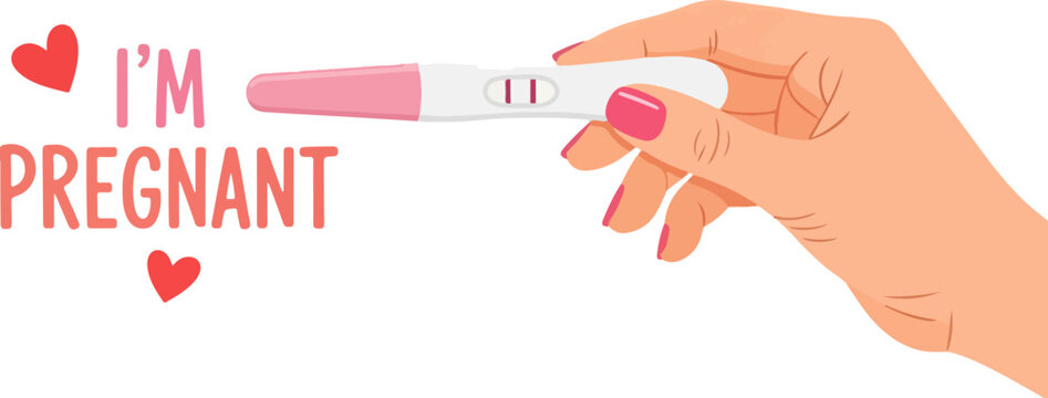 Positive pregnancy test held by woman hand, I'm Pregnant text with red hearts, medical diagnostic tool vector illustration for motherhood announcement