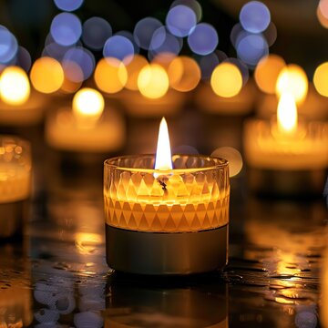 A lit candle in a glass votive surrounded by other candles in the background with a warm glow