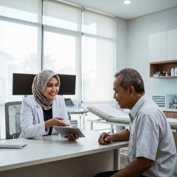An Indonesian female doctor consults with a senior male patient in a modern medical office setting