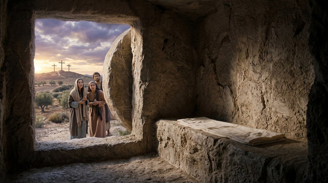 Astonished disciples witness the empty tomb of Jesus, the burial cloths remaining, as three crosses stand on the distant hill.