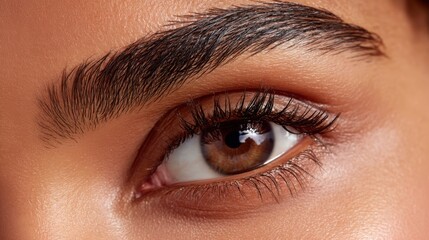 Fototapeta premium Close-Up View of a Beautiful Eye with Brown Iris and Long Eyelashes Showcasing Natural Features and Skin Texture