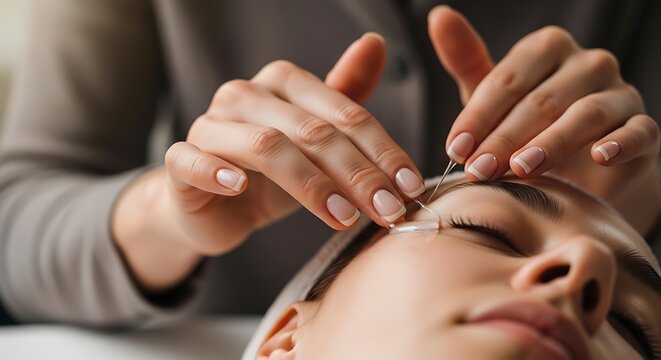 Close-up of a beauty professional's hands meticulously shaping a client's eyebrows with a specialized tool and white marking for precision.