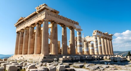 Obraz premium Ancient Greek Parthenon Temple Acropolis Landmark Under Bright Blue Sky Daytime Sunny Weather
