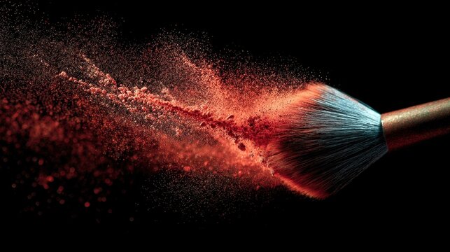 Vibrant Red Cosmetic Powder Emanating from Brush Against Black Background in Artistic Makeup Display