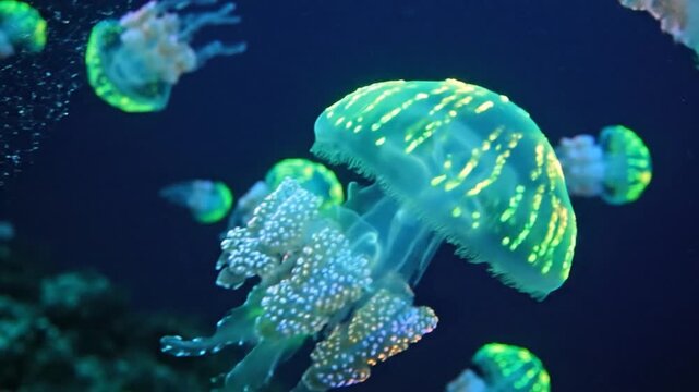 Bioluminescent Jellyfish Create Glowing Patterns in Deep Ocean