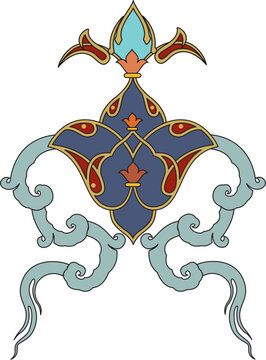 Intricate heraldic fleuron with ornate design and vibrant colors