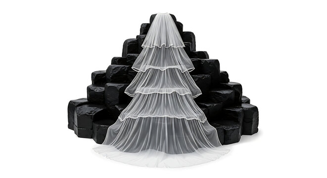 Elegant bridal veil drapes over a striking dark geometric sculpture, symbolizing union and strength